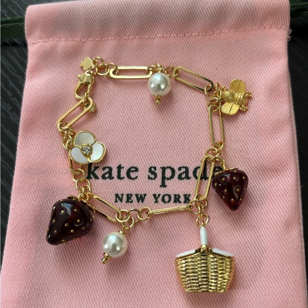 NWOT Kate  spade Gold Charm Bracelet with Burgundy Strawberry & Pearl Accents - Picture 4 of 6